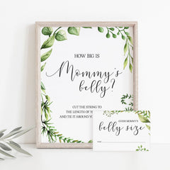 Watercolor green leaves baby shower games mommy's belly size by LittleSizzle