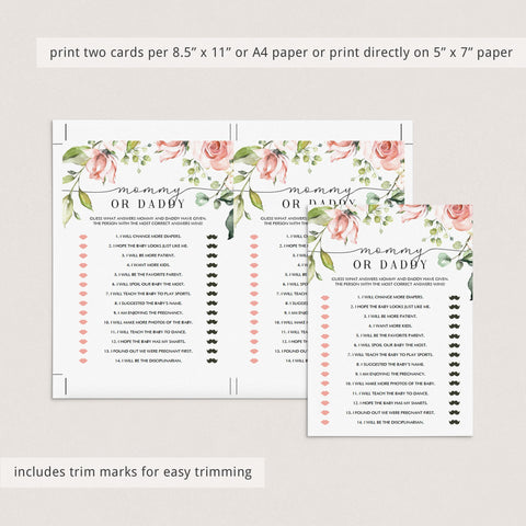 Floral Mommy Daddy baby shower game printable | Instant download ...