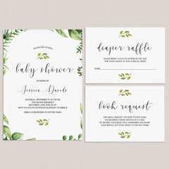 Classic baby shower invitation set templates greenery themed by LittleSizzle