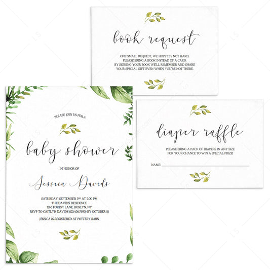 Classic baby shower invitation set templates greenery themed by LittleSizzle