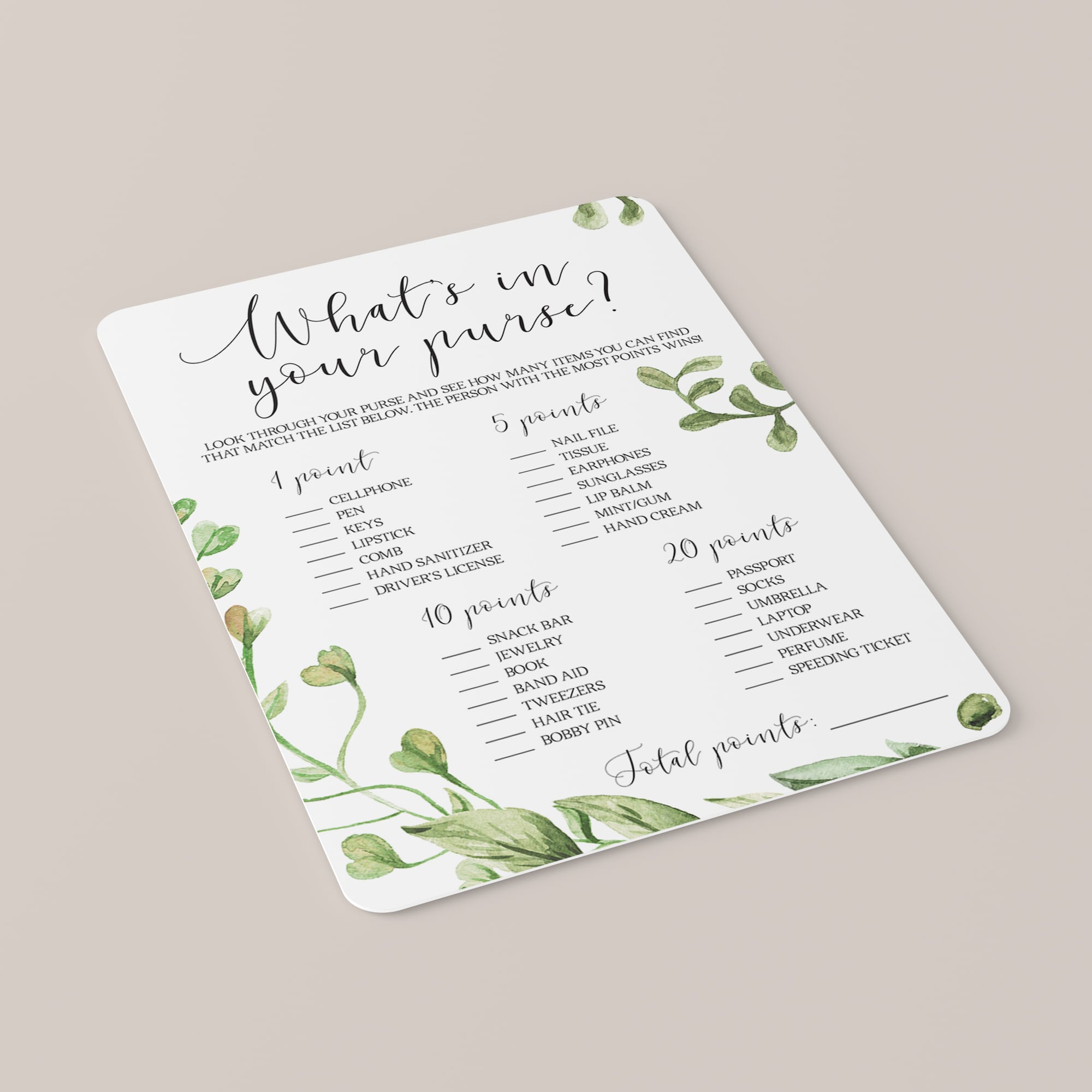 greenery bridal shower whats in your purse instant download