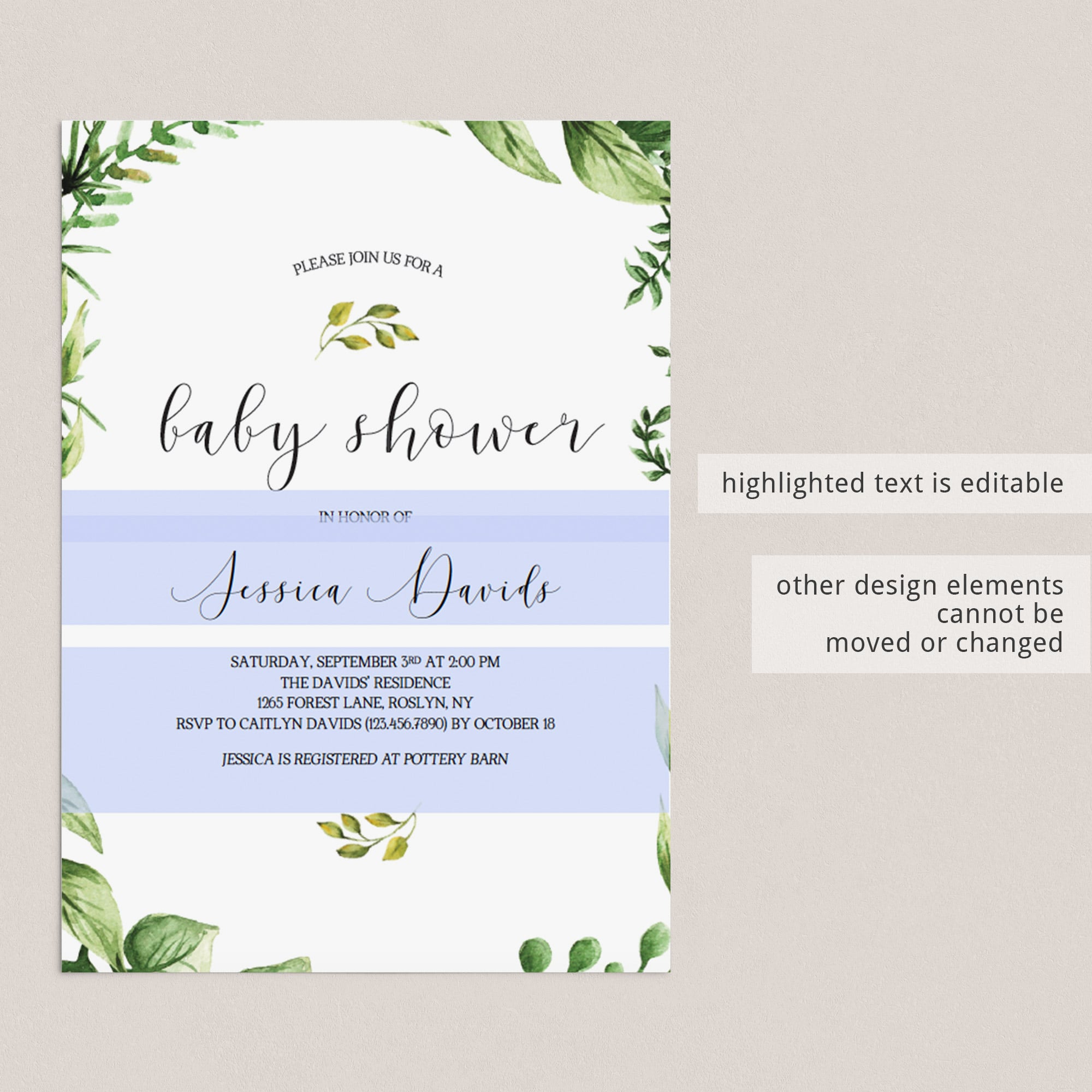 Watercolor leaves on classic baby shower invite template by LittleSizzle