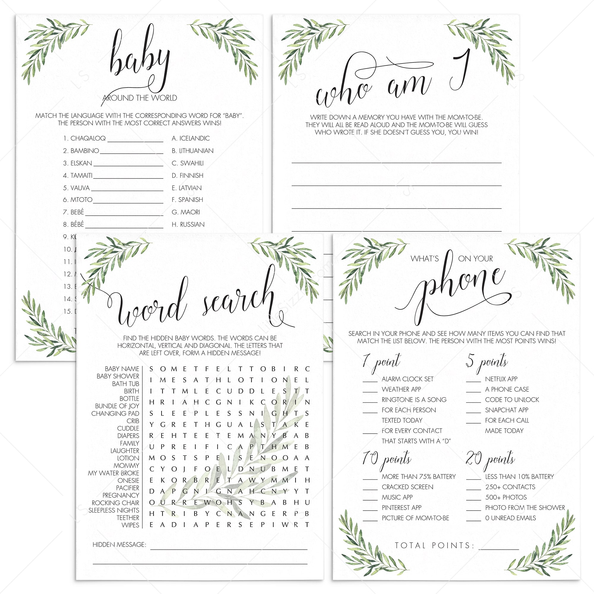 Leaf Baby Shower Games Package Instant Downloadable PDF by LittleSizzle
