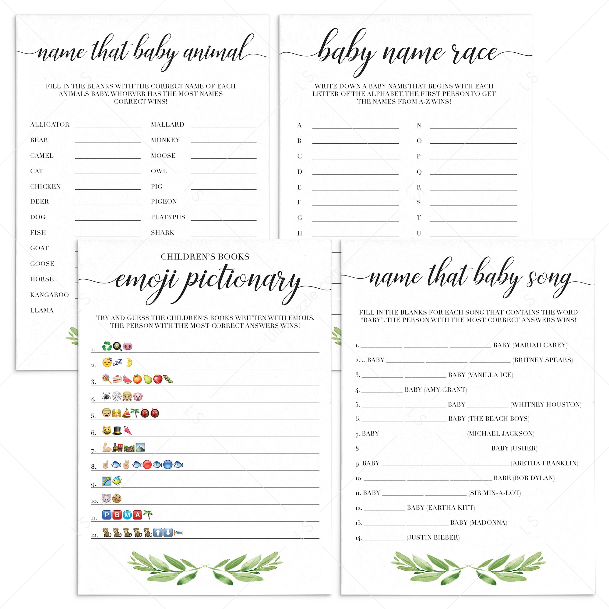 Watercolor leaves baby shower game bundle by LittleSizzle