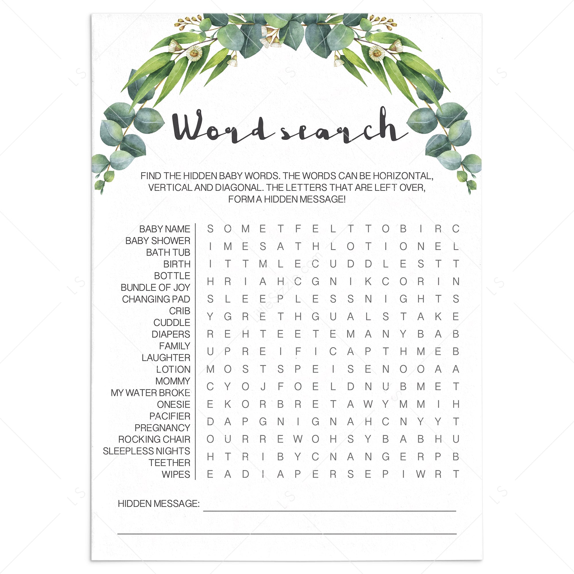 Eucalyptus baby shower games printable word search by LittleSizzle