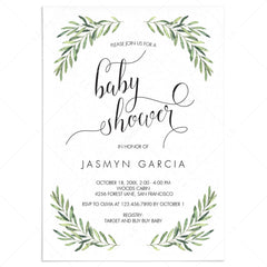 Calligraphy Baby Shower Invitation Template with Green Olive Branch by LittleSizzle