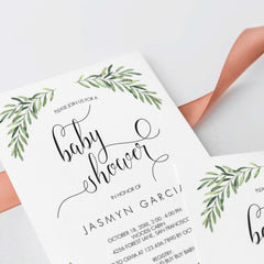 Calligraphy Baby Shower Invitation Template with Green Olive Branch