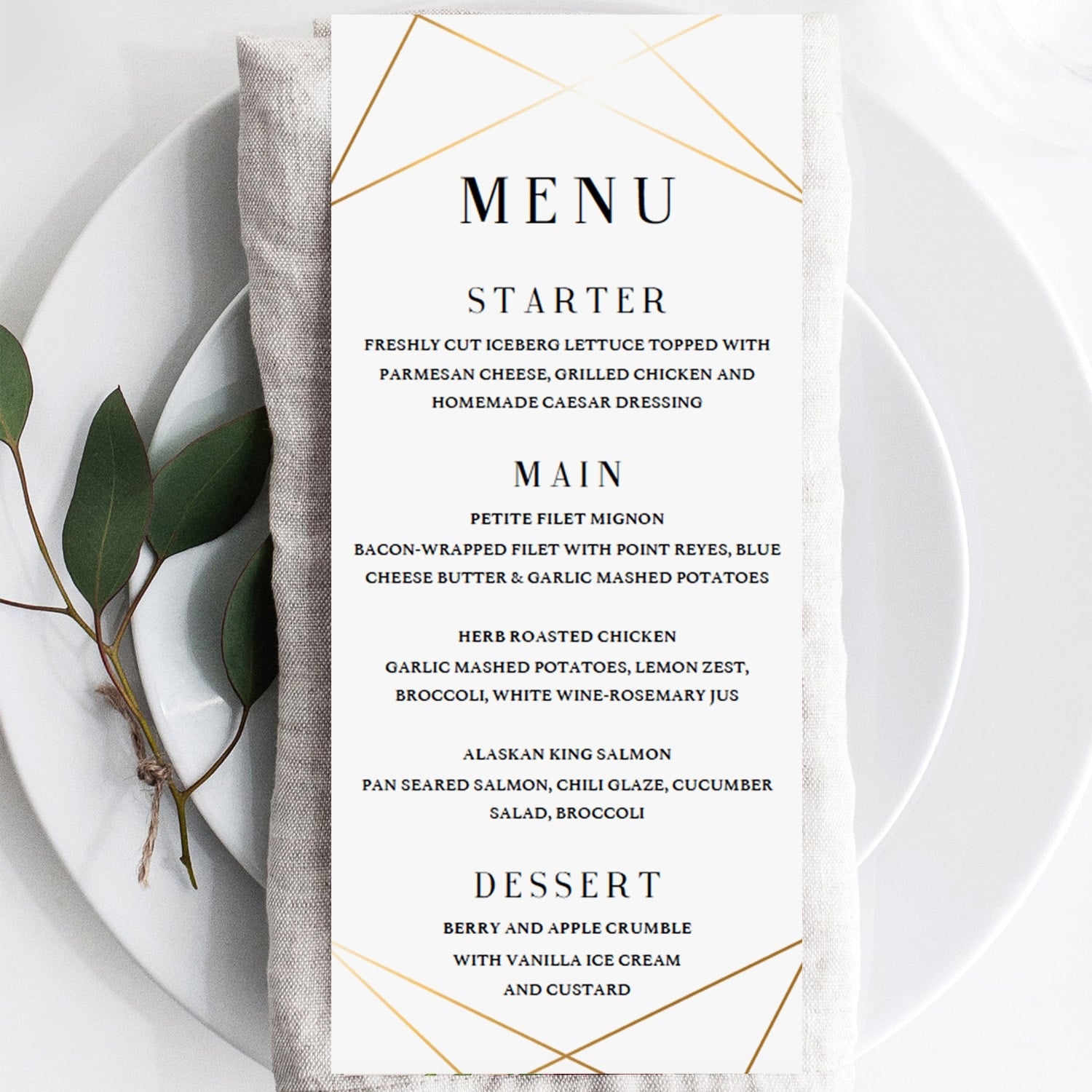 Gold menu card editable PDF template by LittleSizzle