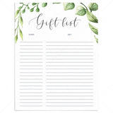 Gift list printable instant download with green leaves by LittleSizzle