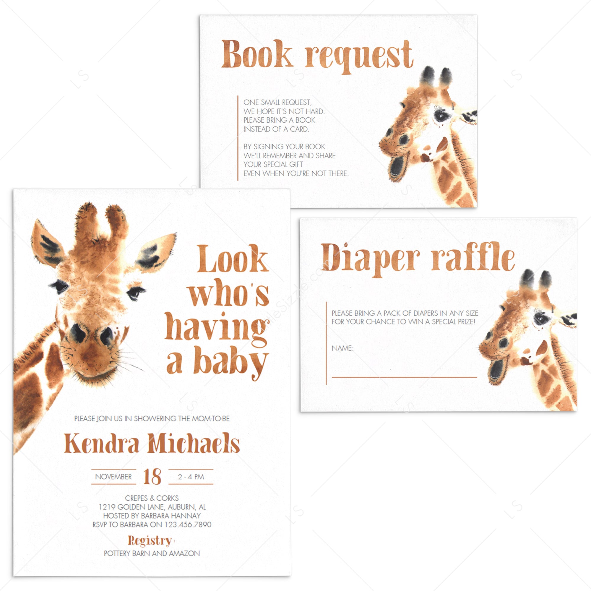 Funny Baby Shower Invitation Suite Giraffe Theme by LittleSizzle