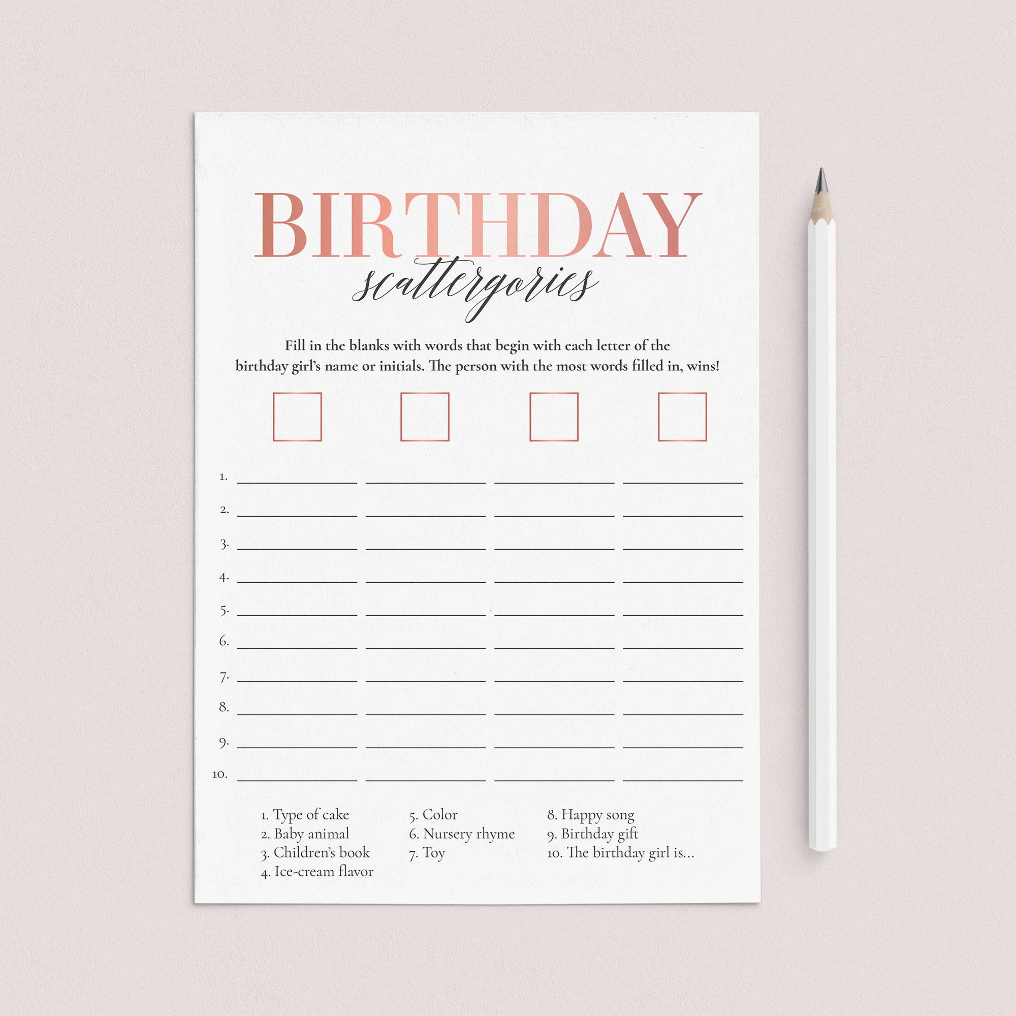 Girl First Birthday Party Game Scattergories Printable by LittleSizzle