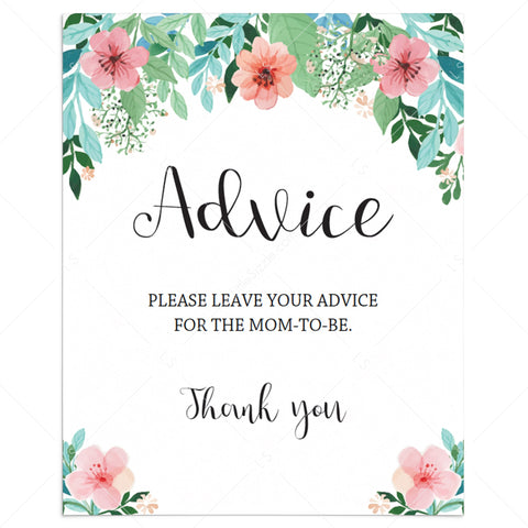 Floral Baby Shower Advice Sign printable | Editable PDF-template ...