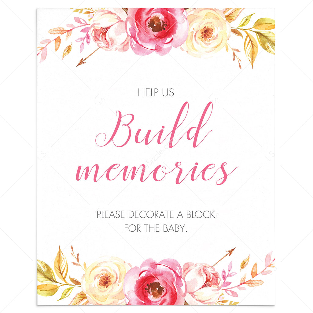 Watercolor Floral baby shower Block Decorating Game printable sign ...
