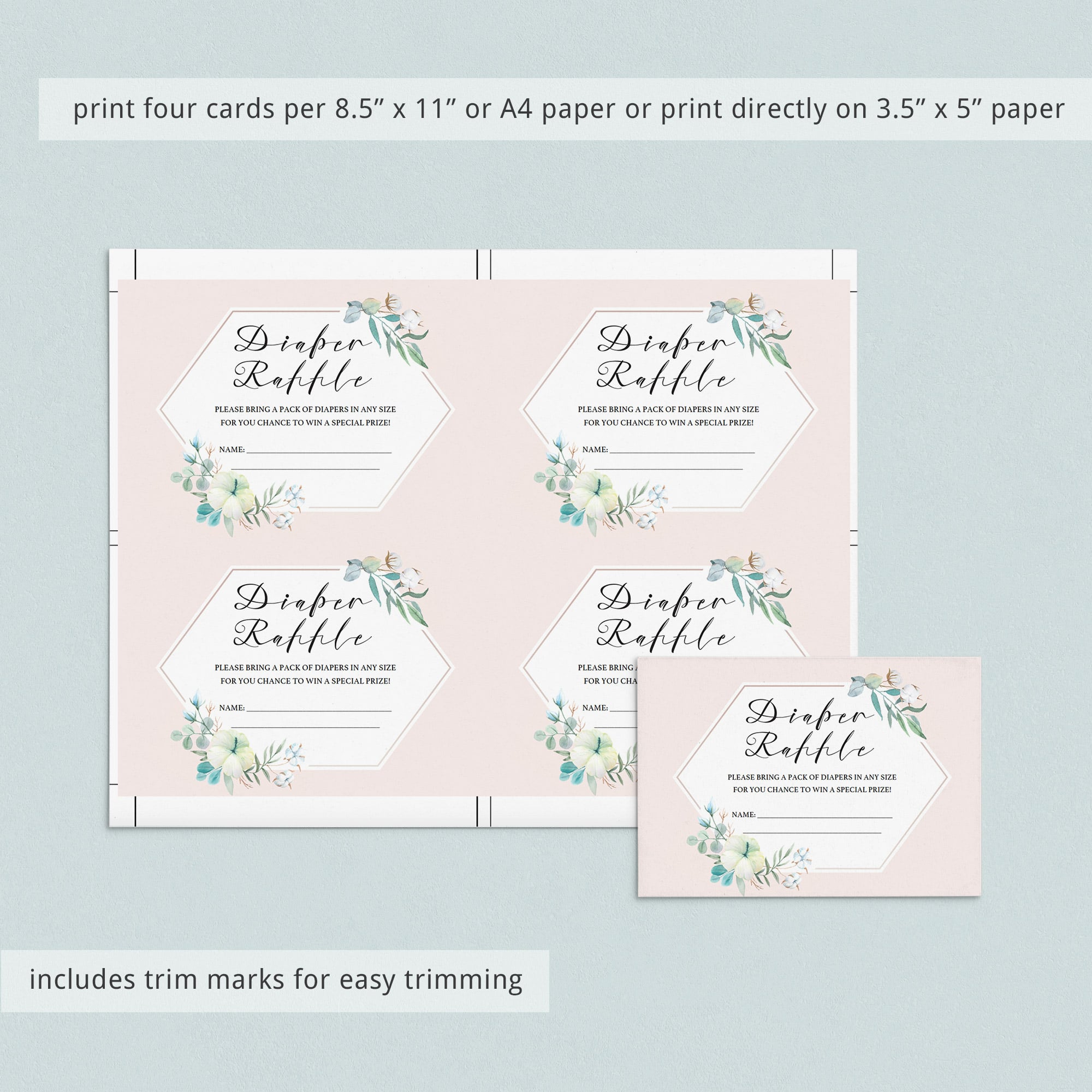Printable diaper raffle ticket with blush pink flowers by LittleSizzle