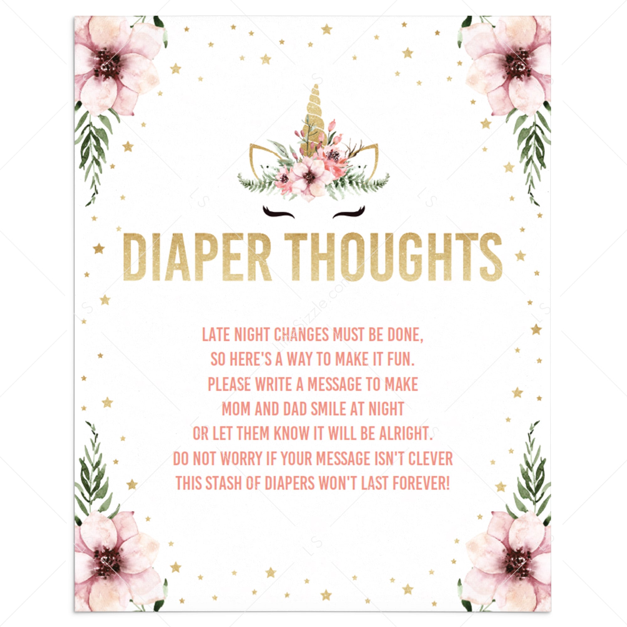 Baby Shower Diaper Thoughts Sign Template Floral Unicorn by LittleSizzle
