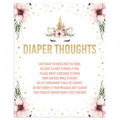 Baby Shower Diaper Thoughts Sign Template Floral Unicorn by LittleSizzle