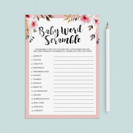 Girl baby shower scrambled words game printable by LittleSizzle