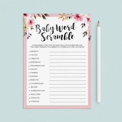 Girl baby shower scrambled words game printable by LittleSizzle