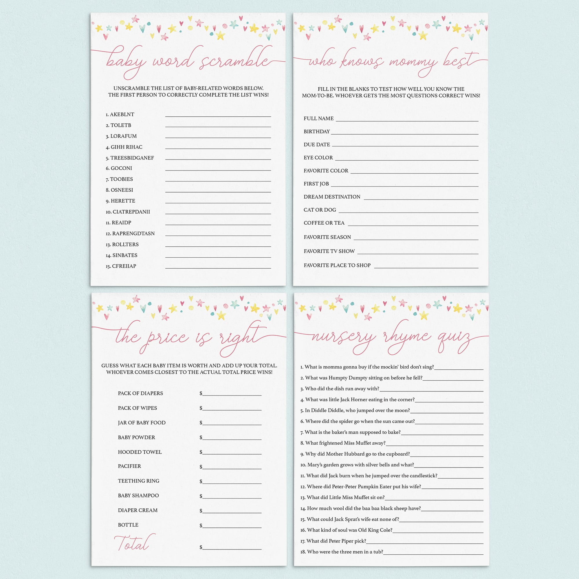 Printable rainbow baby shower games pack by LittleSizzle