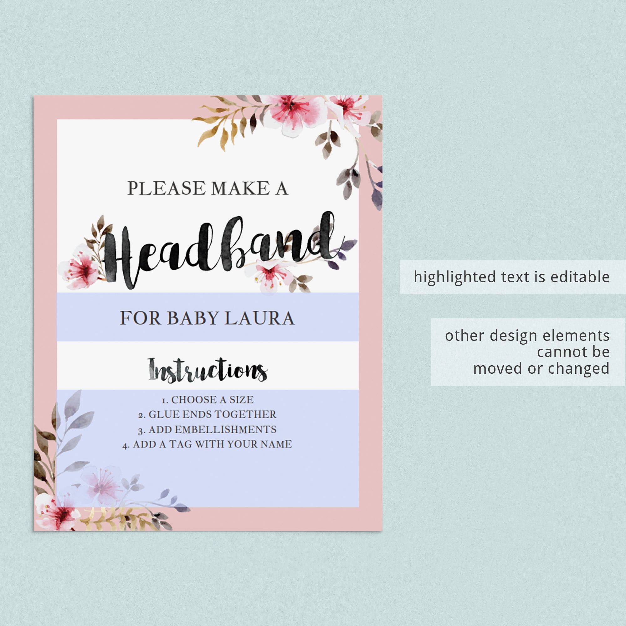 Watercolor baby headband station table top sign download by LittleSizzle