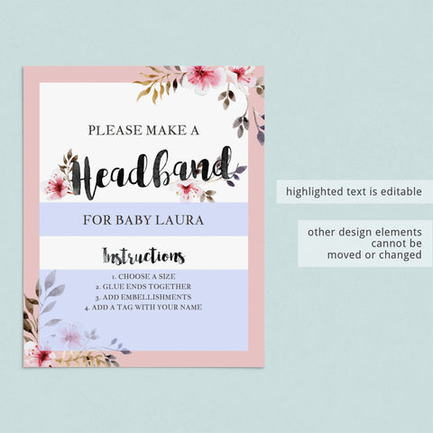 Headband Station sign for floral baby shower printable | Instant ...