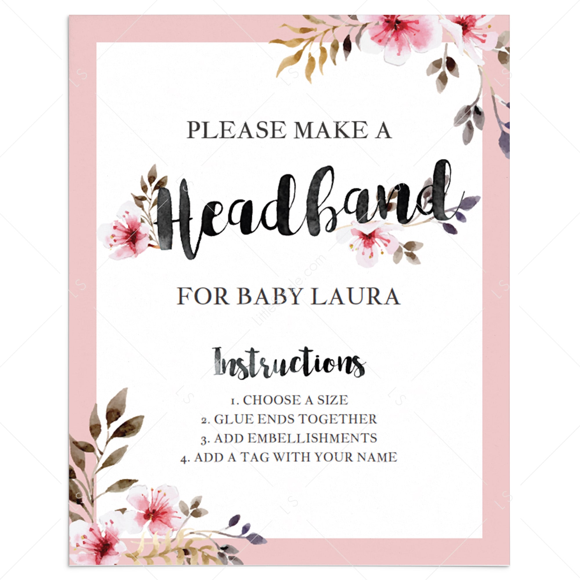 Headband station sign for floral baby shower printable by LittleSizzle