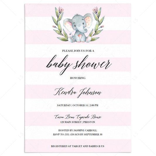 Pink Elephant baby shower invitation template download by LittleSizzle