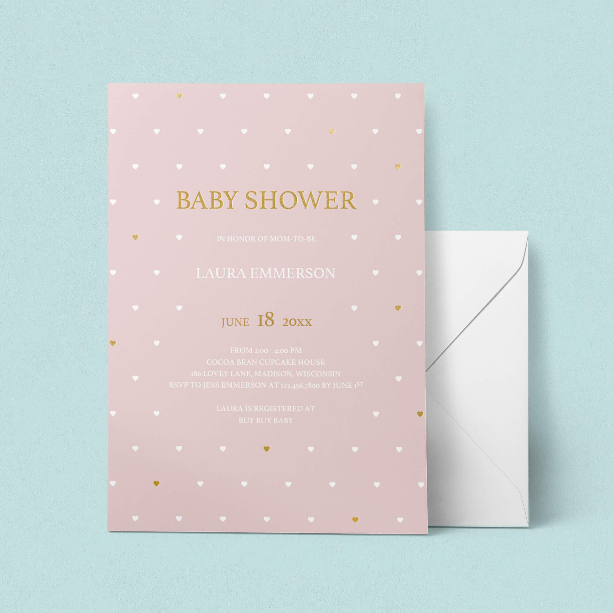 Baby Girl Shower Invite Template with Gold Hearts by LittleSizzle