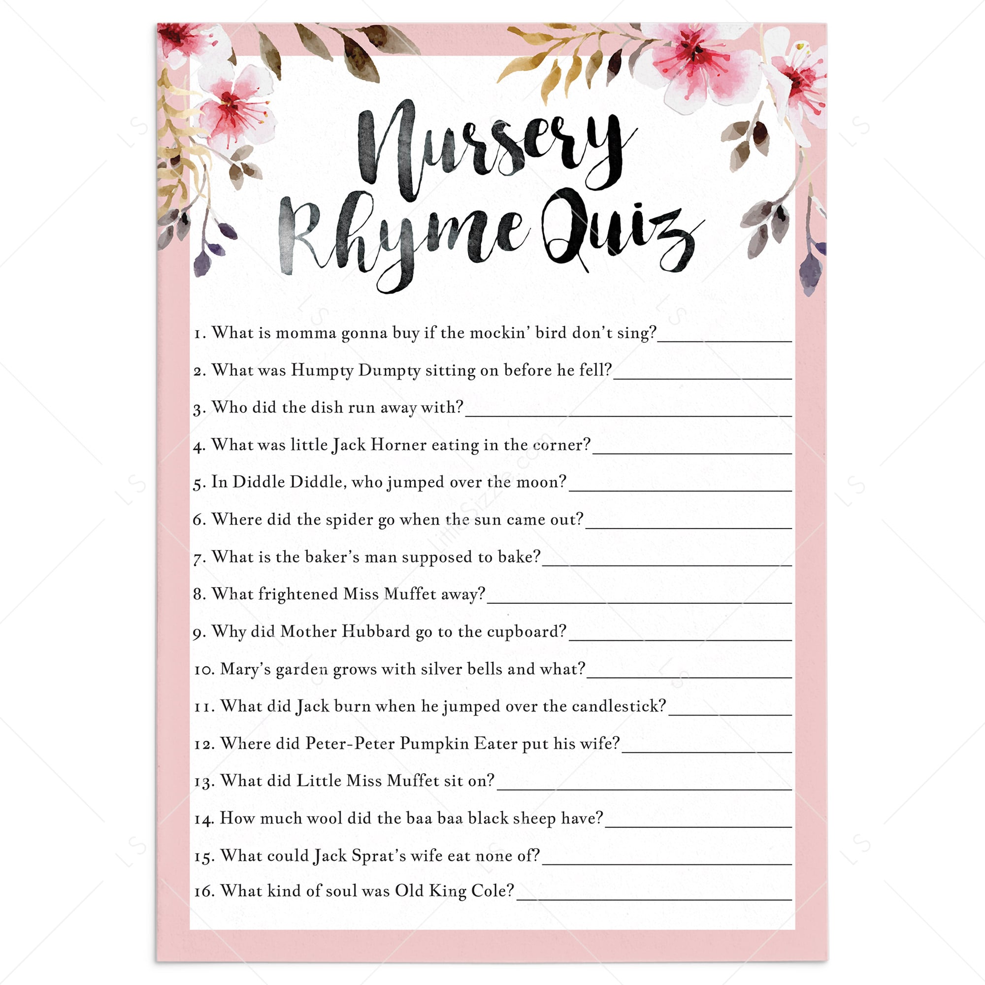 Pink floral nursery rhyme quiz for girl babyshower by LittleSizzle