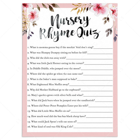 Nursery Rhyme Quiz for girl baby shower printable | Instant download ...