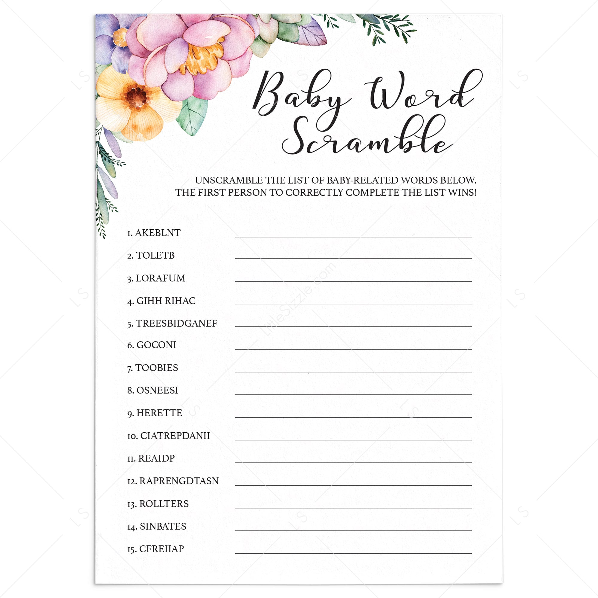 Pink purple and yellow flower baby shower game printable by LittleSizzle
