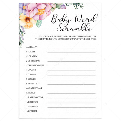 Printable flower baby shower Word Scramble | Instant download floral ...