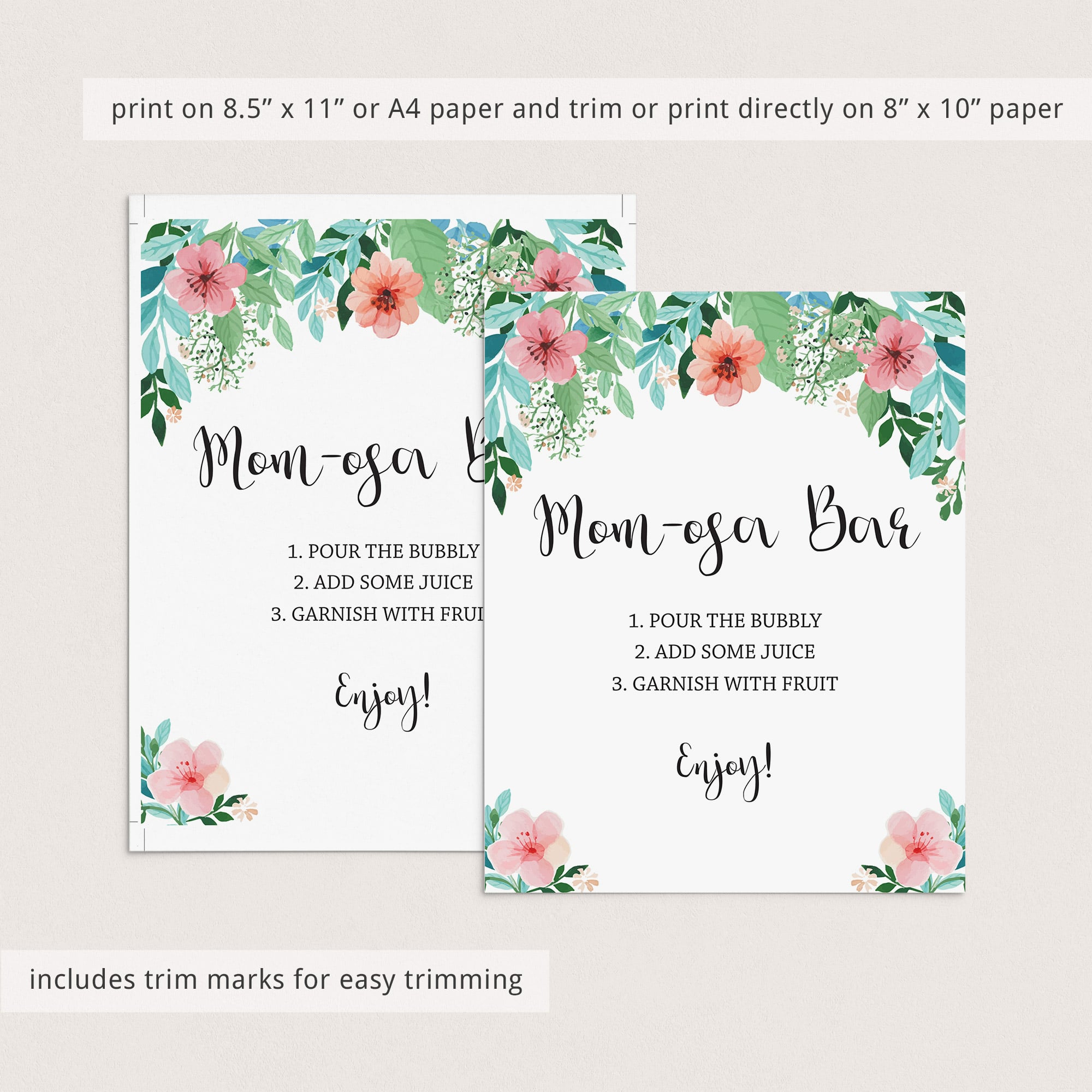 Floral momosa bar sign printable pink and green shower by LittleSizzle