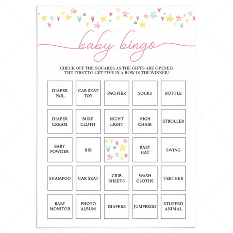 Printable pink shower Baby Bingo cards | Blank and prefilled cards ...