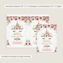 Floral Unicorn Baby Sprinkle Invitation Kit PDF Templates