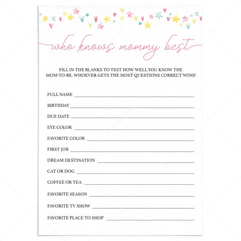 Printable rainbow baby shower game Who Knows Mommy Best | Instant ...