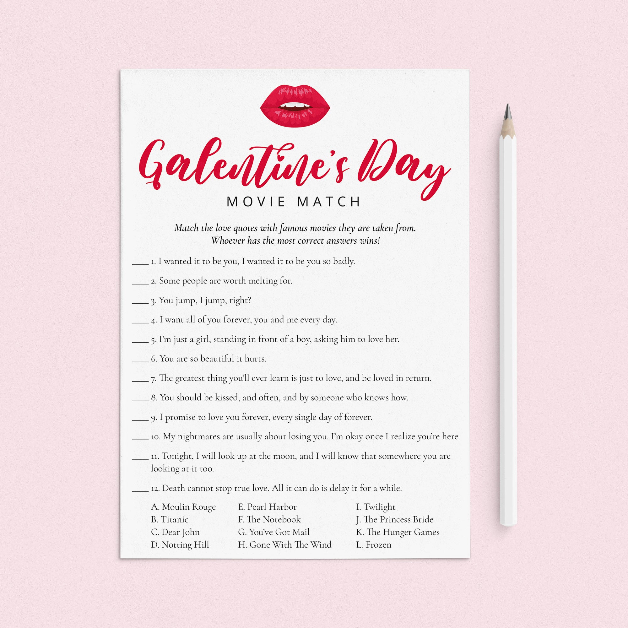 Galentine's Day Game Match The Movie Quote | Printable – LittleSizzle
