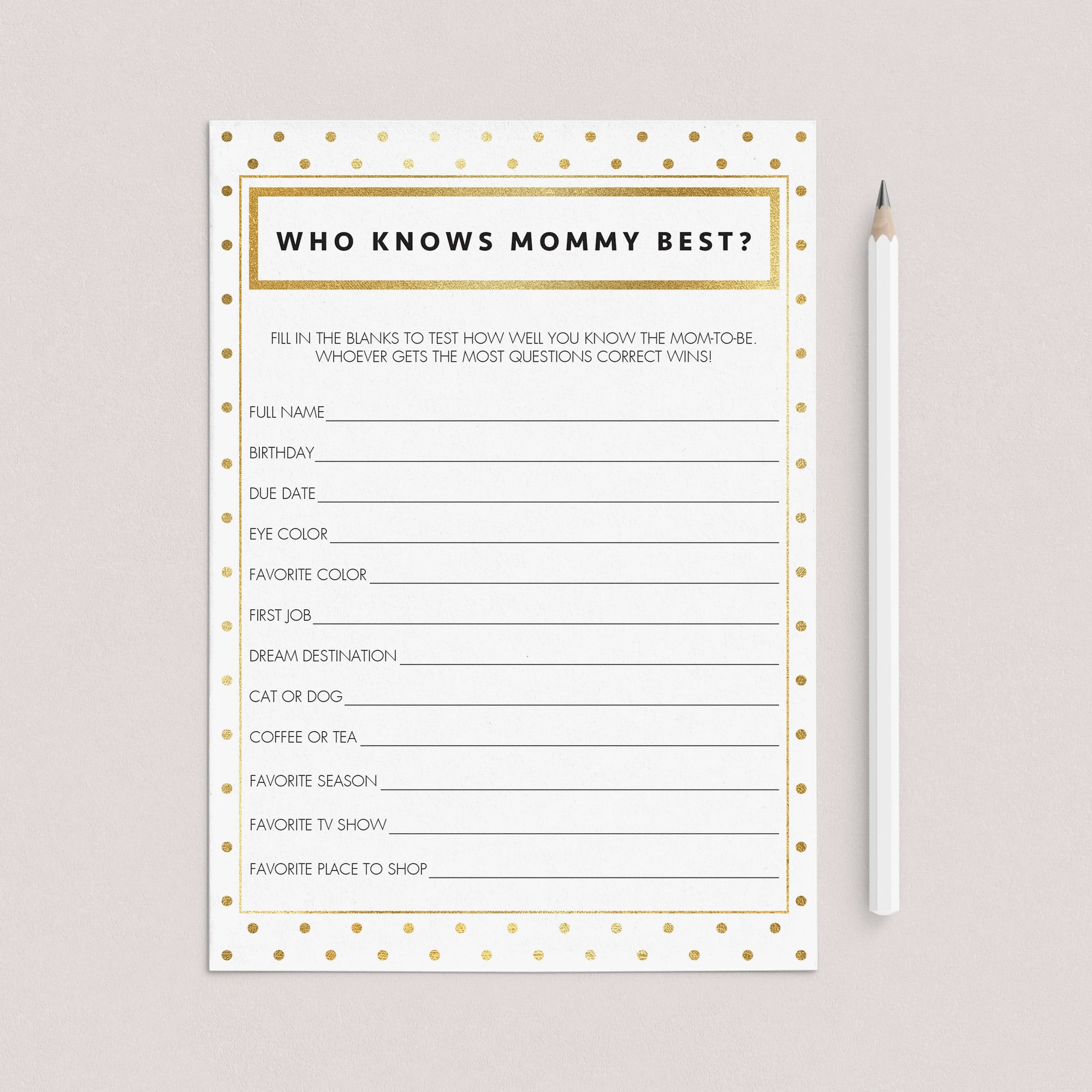 Who knows mommy-to-be best shower game printable chic gold and white by LittleSizzle