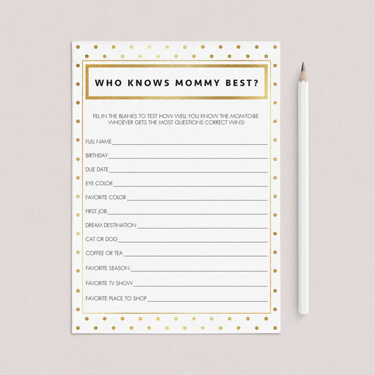 Who knows mommy-to-be best shower game printable chic gold and white by LittleSizzle