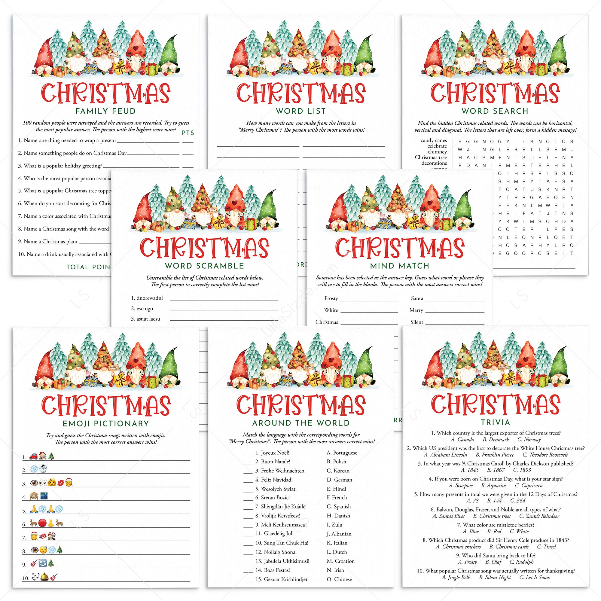 Gnomes Christmas Games for Family Printables by LittleSizzle