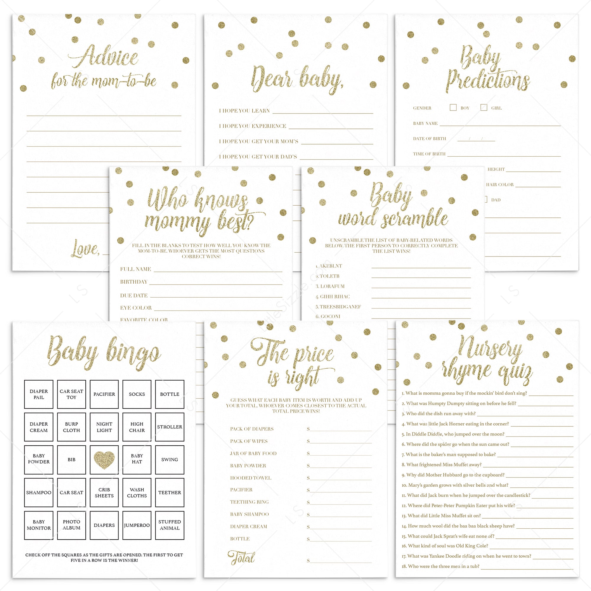 Gold printable baby shower games by LittleSizzle