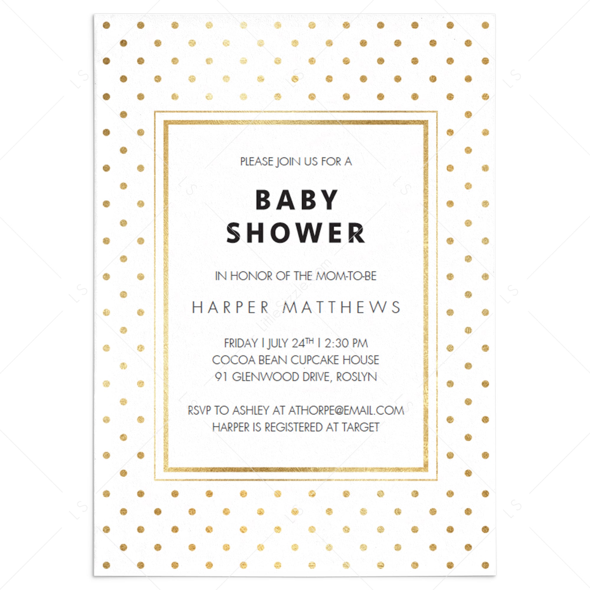 Gold printable baby shower invitation for gold themed party by LittleSizzle