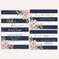 Navy, Pink and Gold Invitation Templates for Baby Shower
