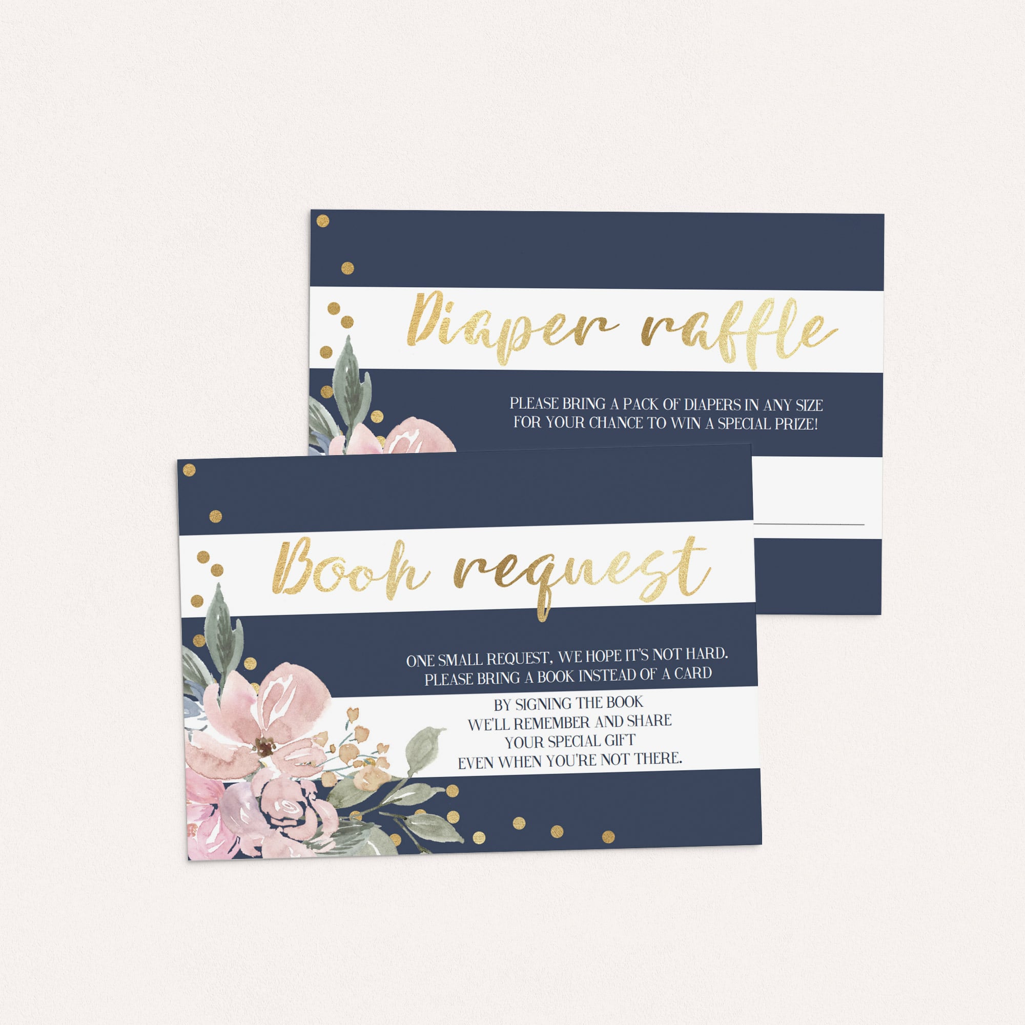 Gold, floral and navy stripes baby shower invitation template by LittleSizzle