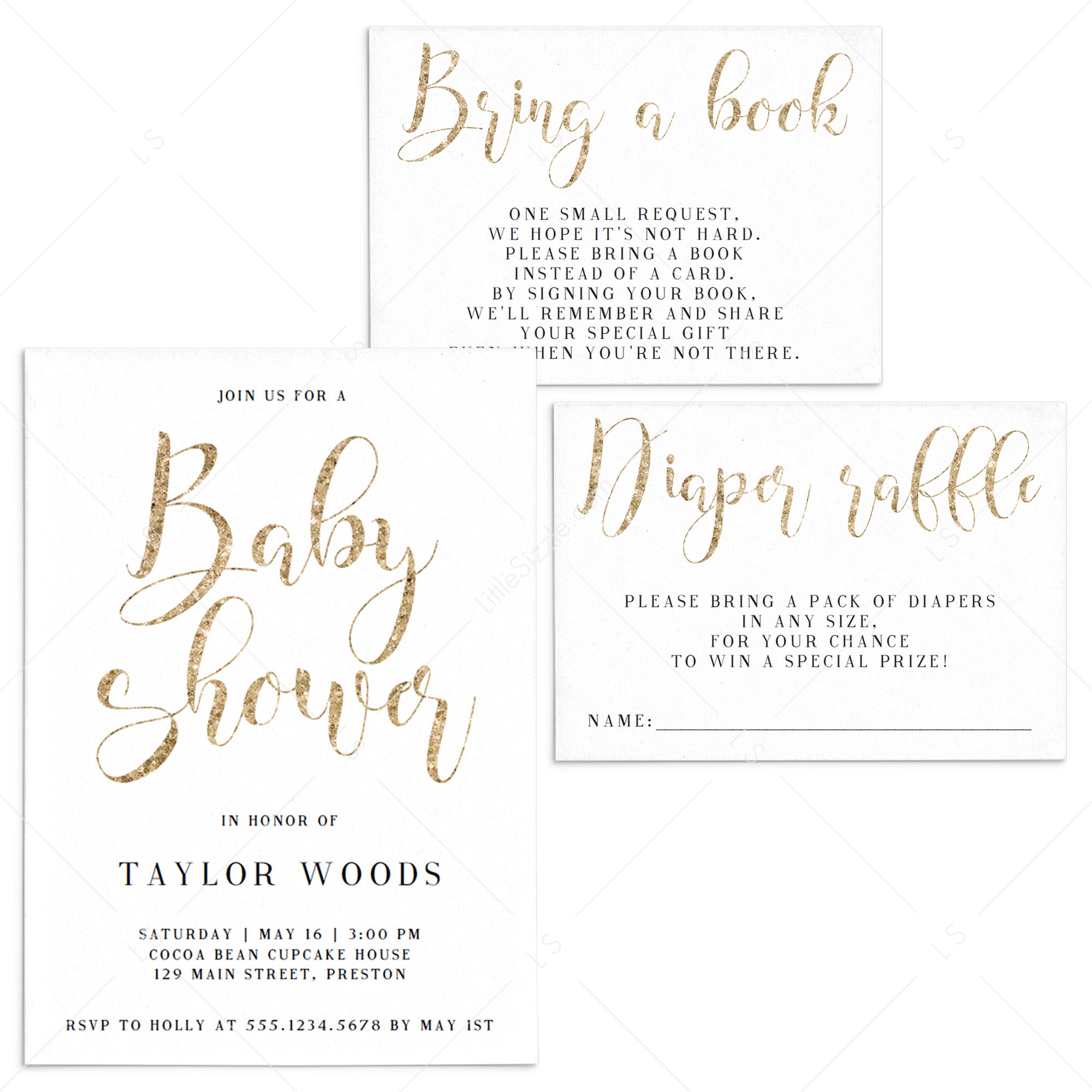 Editable gold baby shower invitation templates by LittleSizzle