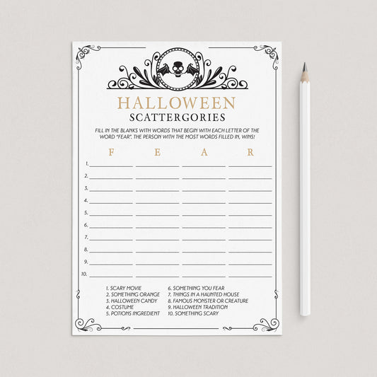 Black and Gold Halloween Game Printable Scattergories by LittleSizzle