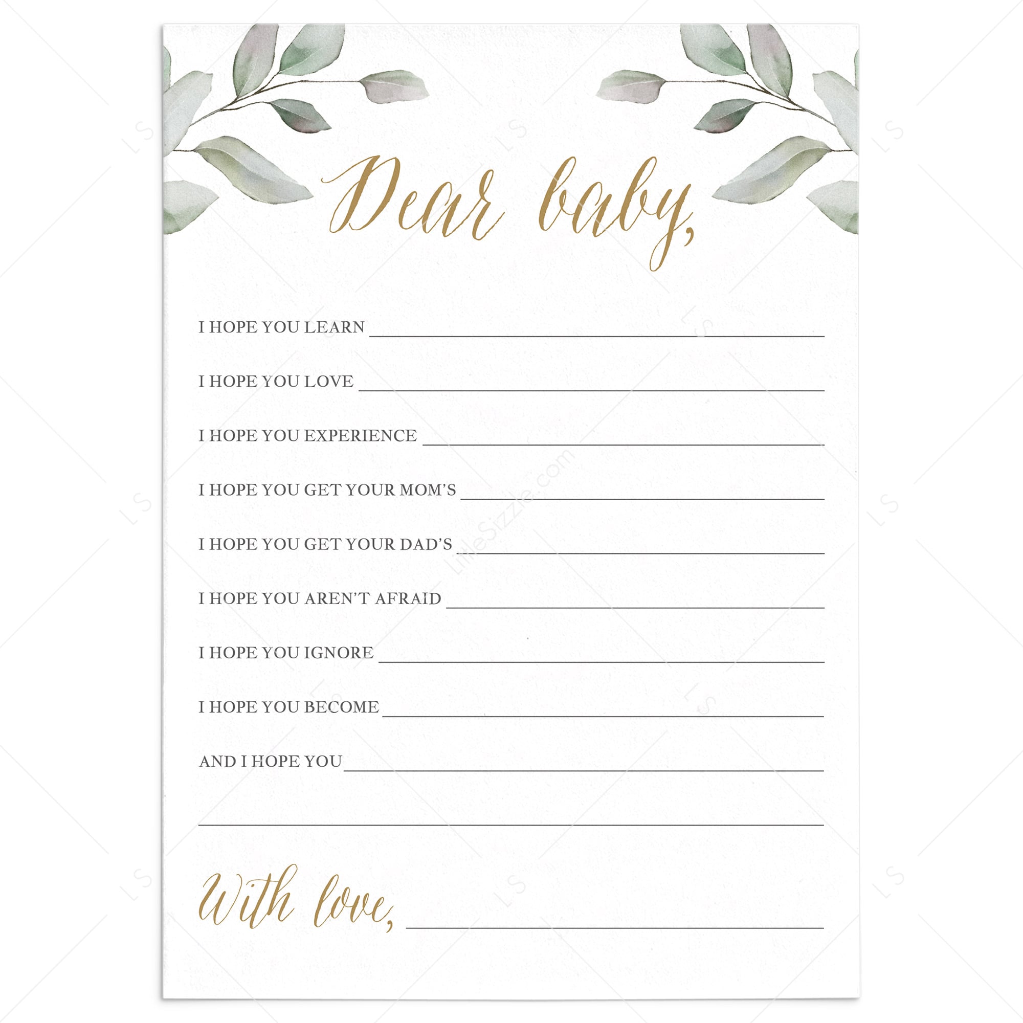 Greenery and gold baby shower dear baby wishes card by LittleSizzle