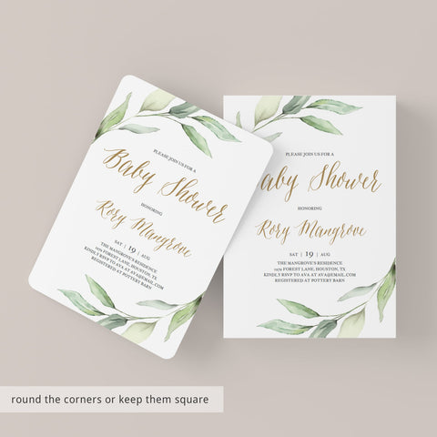 Greenery and Gold baby shower invite template | Instant download ...