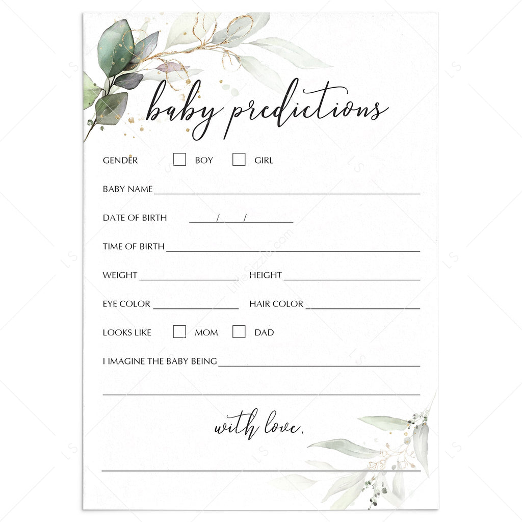 Green Foliage Baby Predictions Card Printable | Instant Download ...