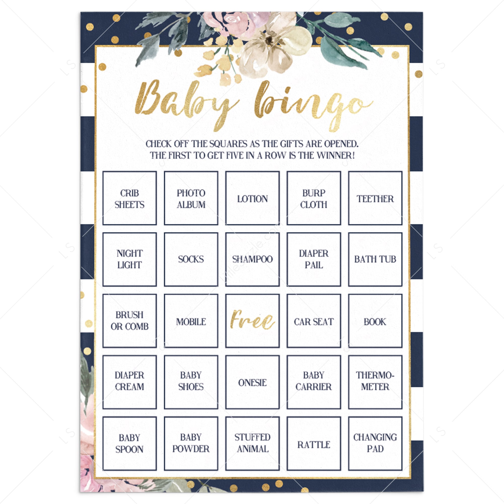 Baby bingo game cards for navy pink and gold baby shower by LittleSizzle